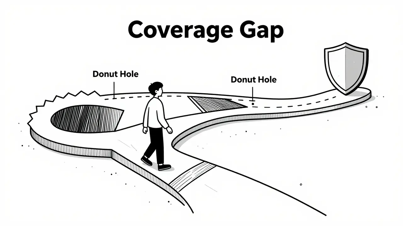 Illustration of person navigating insurance coverage gap path