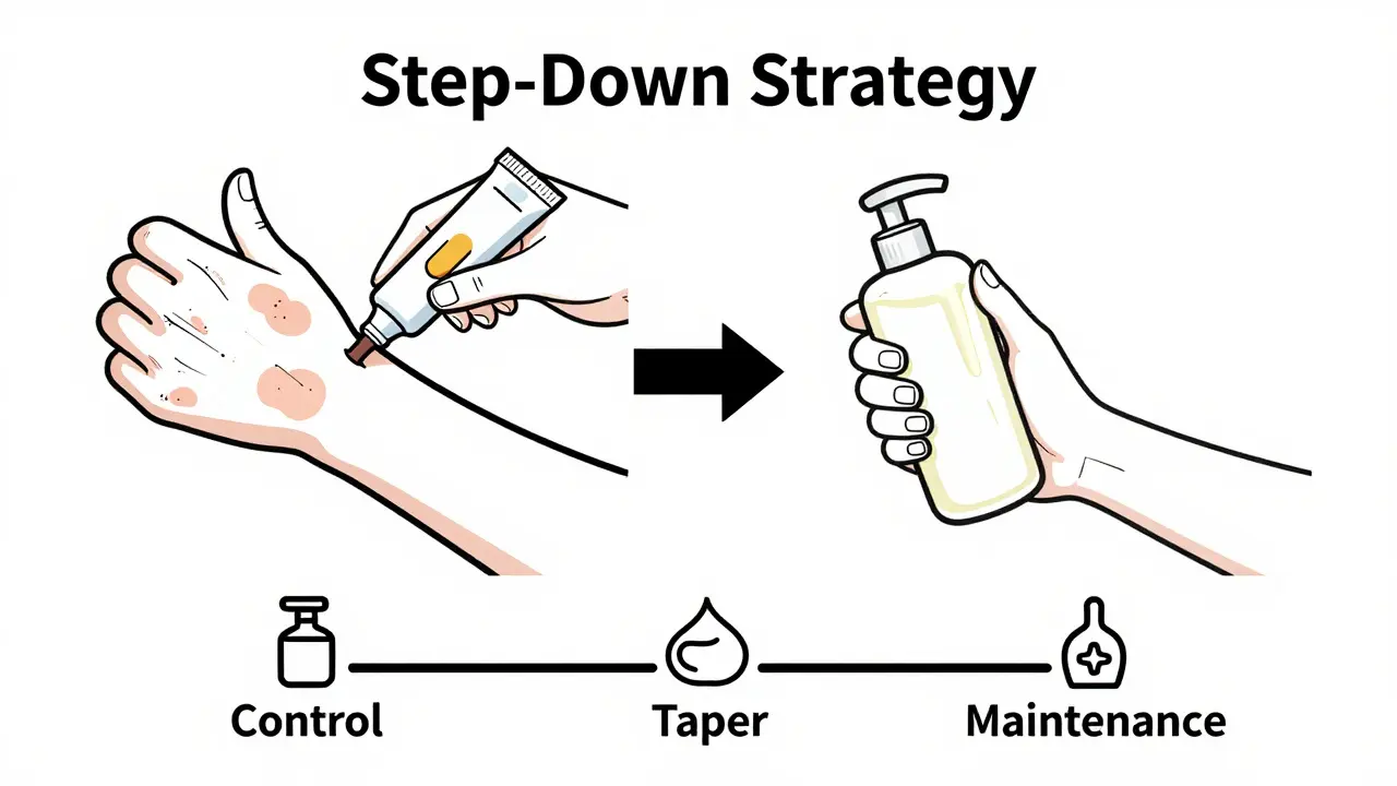 Line art diagram showing the step-down strategy from strong steroids to moisturizers.