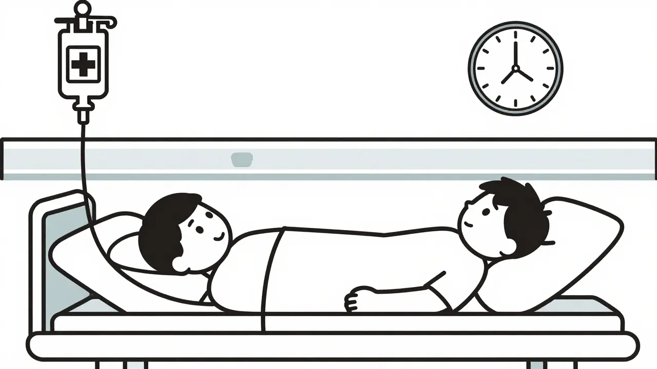 Line art of a patient receiving IV treatment in an emergency room