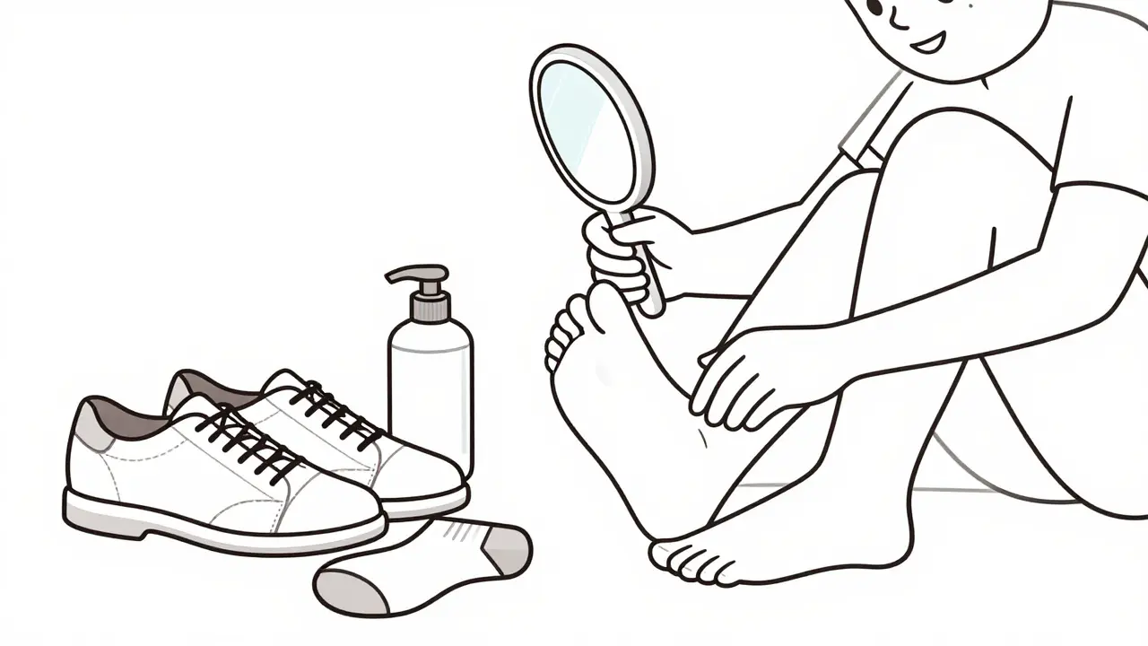 Line art of a person checking their feet with a mirror, surrounded by shoes and skincare items.