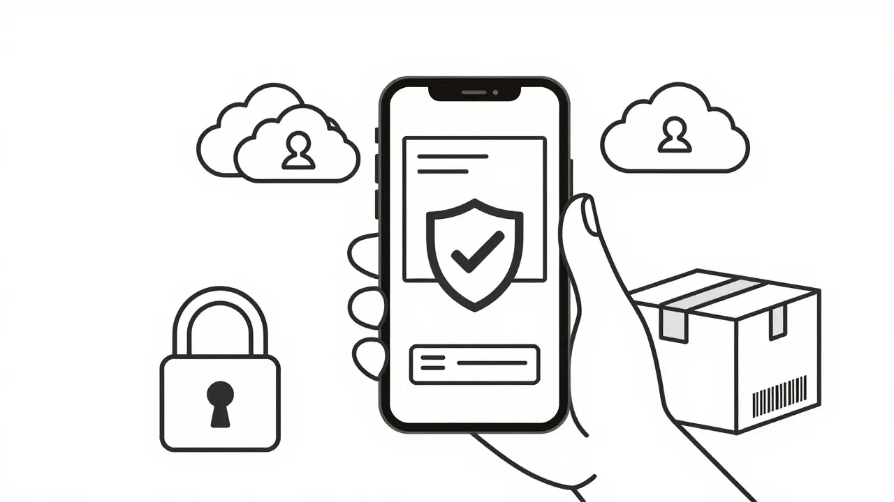 Line art showing secure online pharmacy verification and prescription upload