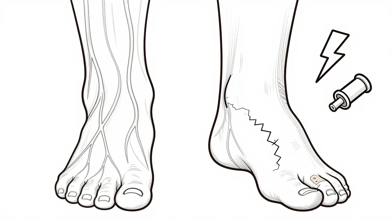 Line drawing comparing a healthy foot with good circulation to an at-risk foot with poor flow.
