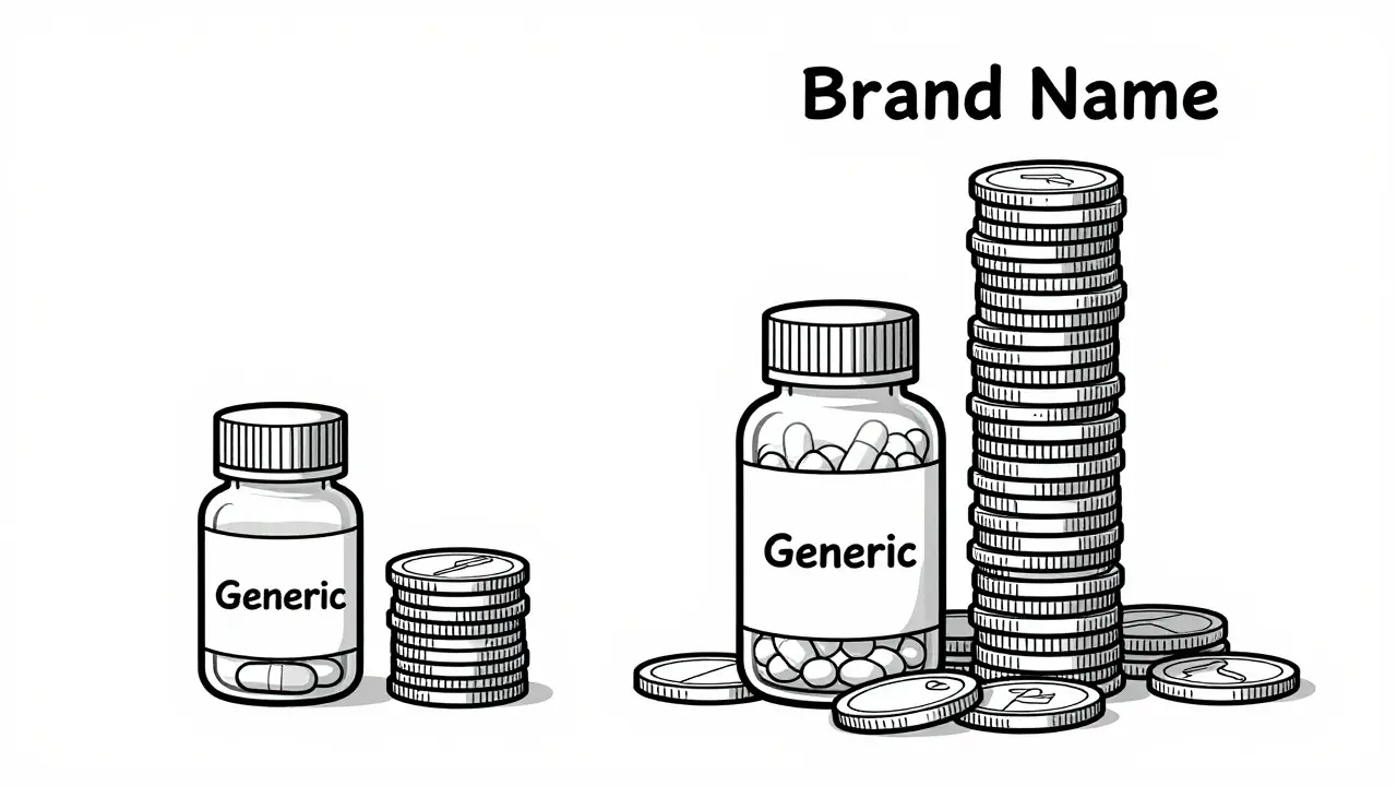 Line drawing comparing small generic cost to large brand name expense