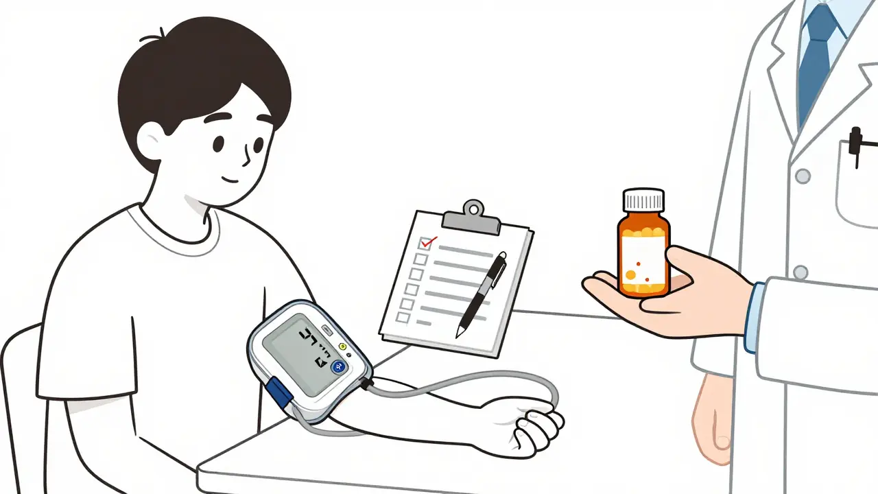 Patient checking blood pressure while consulting doctor