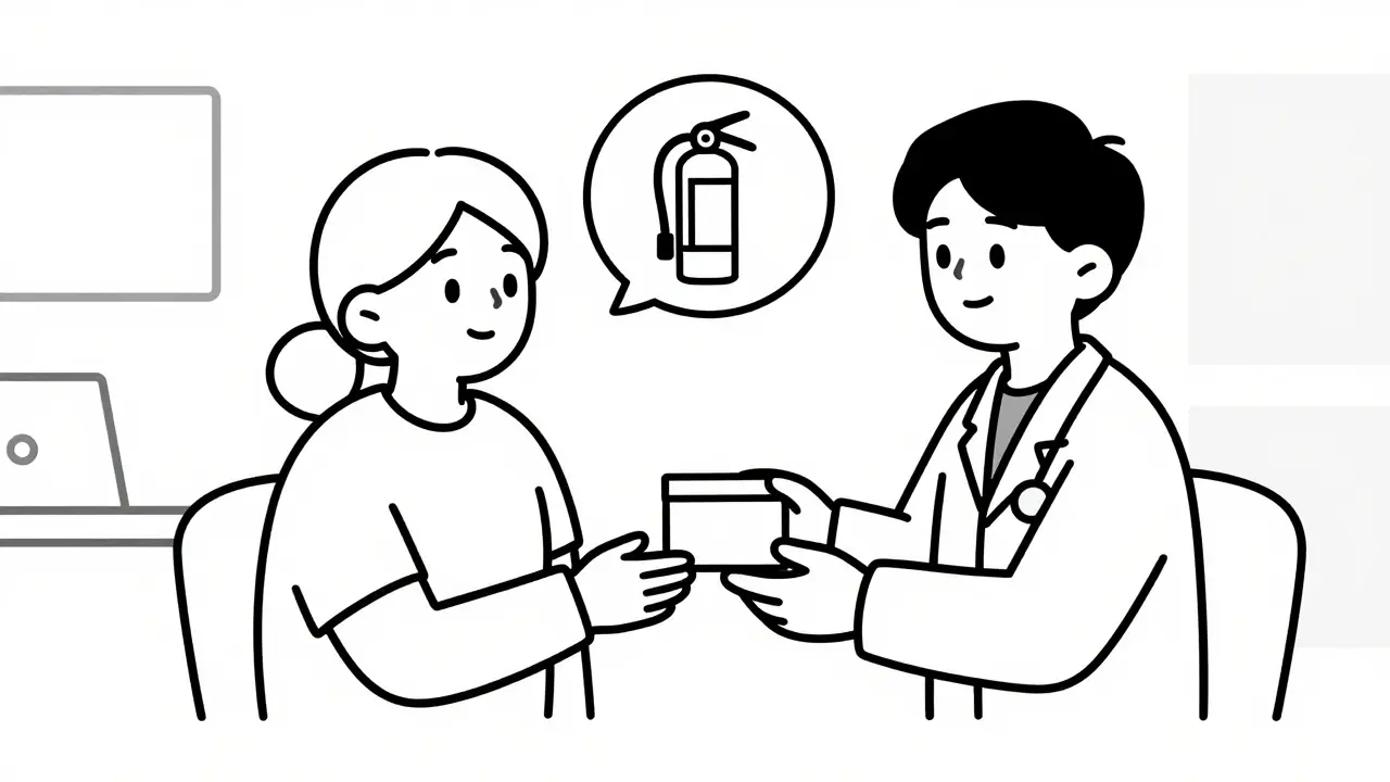 Cartoon line art of a doctor handing a naloxone kit to a patient