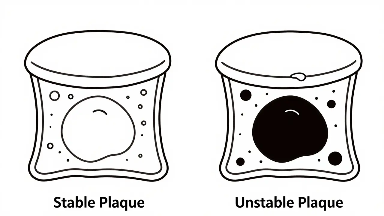 Diagram comparing stable and unstable arterial plaques in line art