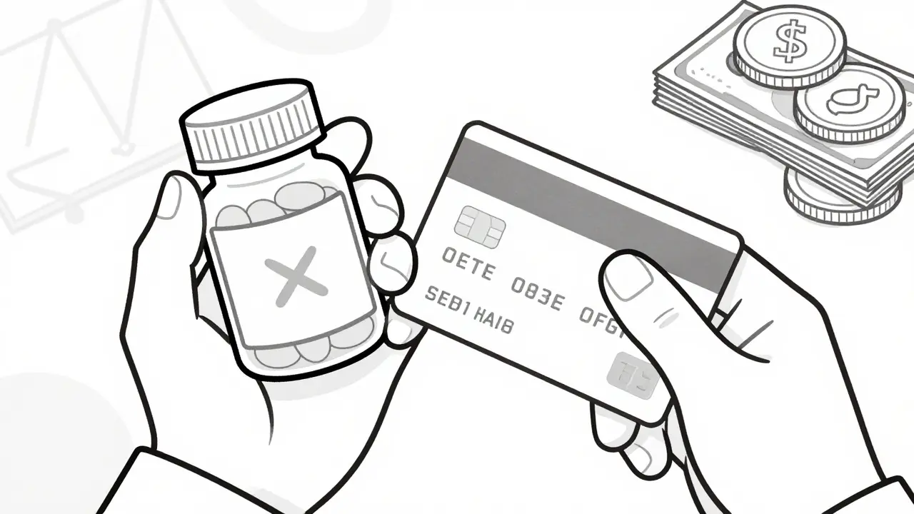Hand holding generic pill bottle and money