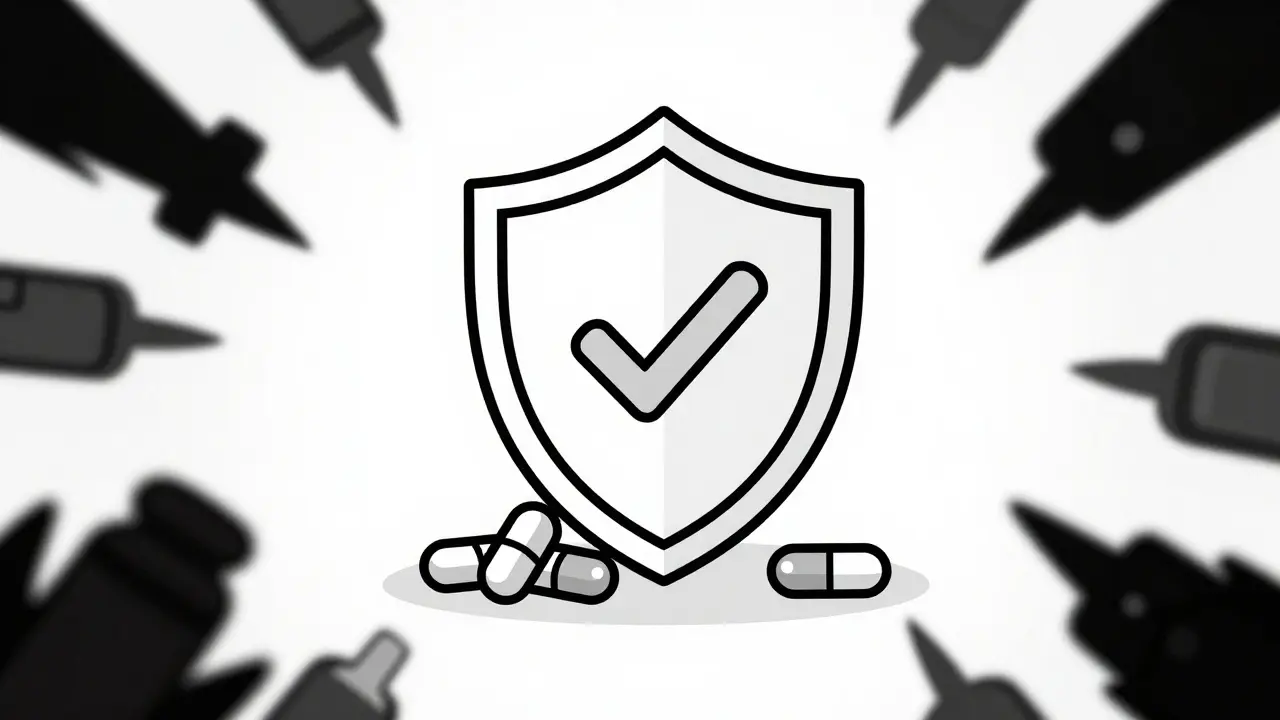 Illustration of a shield protecting medication from scams and counterfeits