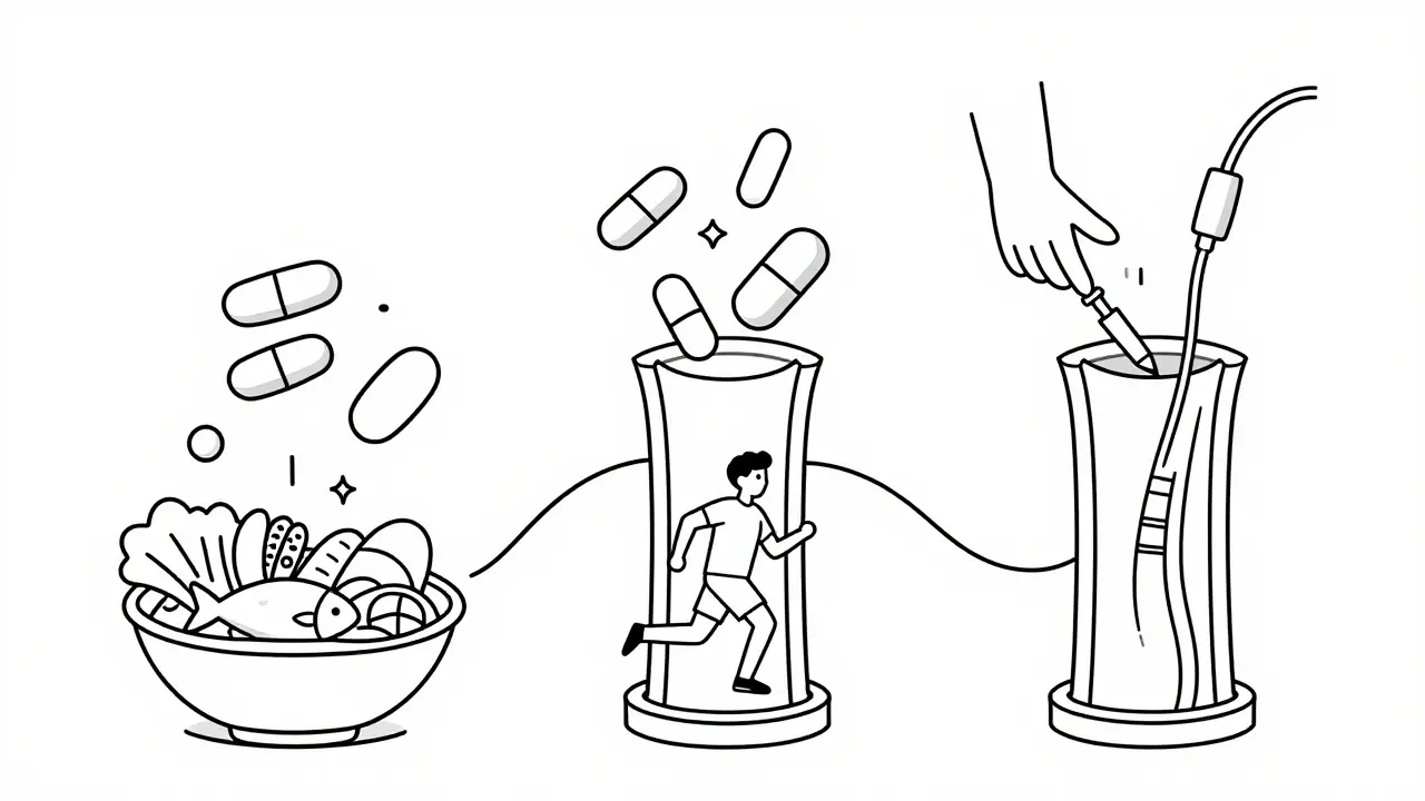 Illustration of CAD treatments: diet, meds, and stenting procedures