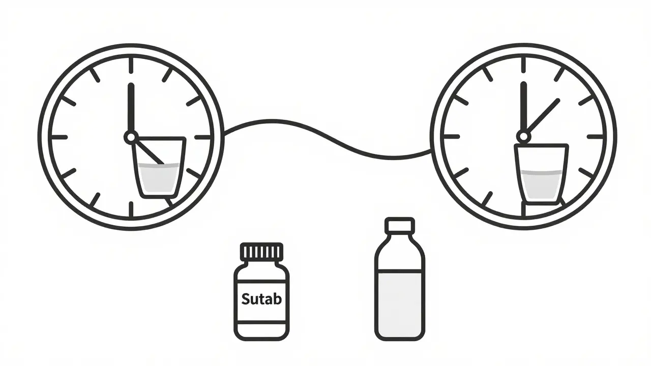 Illustration showing split-dose schedule for colonoscopy prep