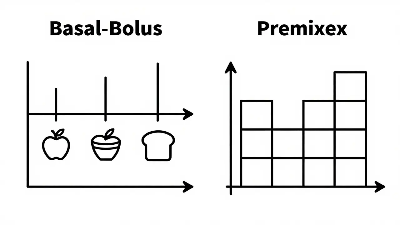 Line art comparing basal-bolus vs premixed insulin regimens