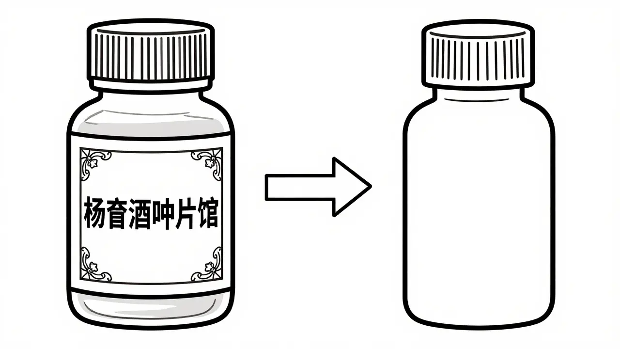 Line art comparing fancy brand vs simple generic medicine bottles