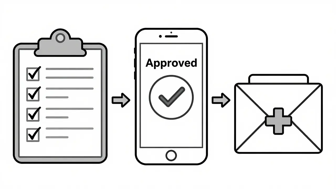 Line art diagram of digital prescription approval workflow