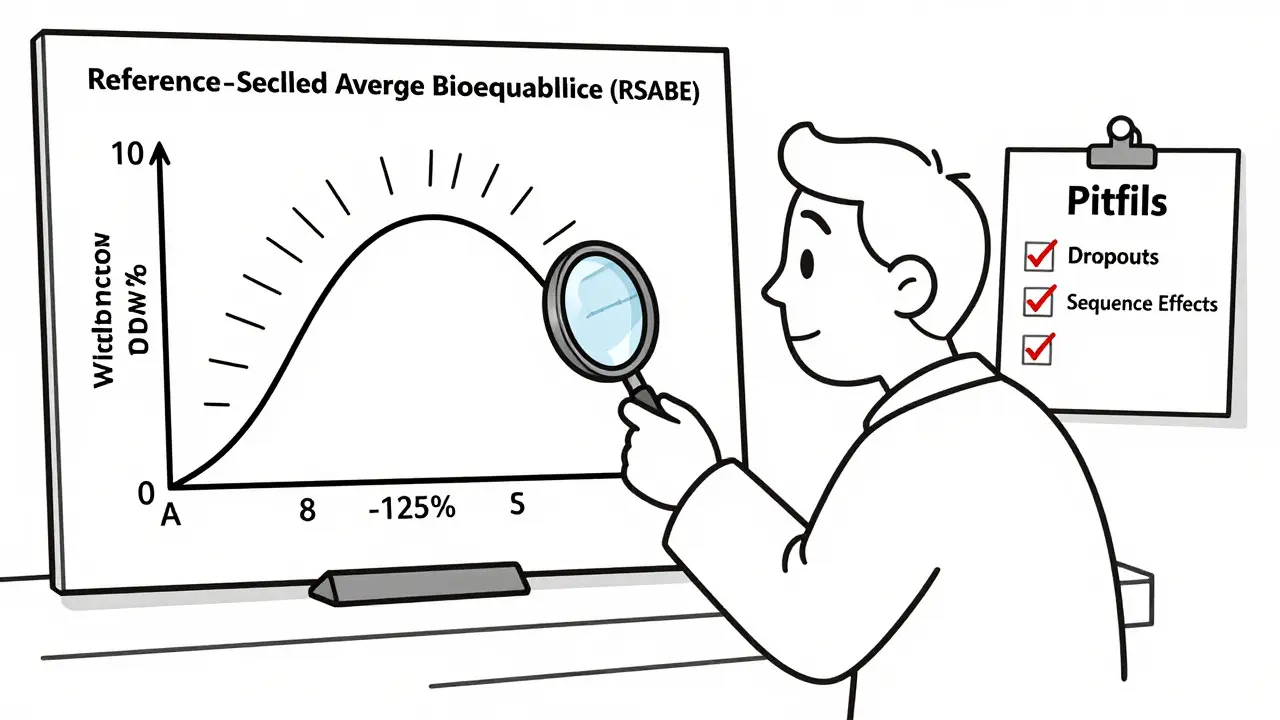 Line art drawing of scientist analyzing RSABE data with expanding equivalence limits