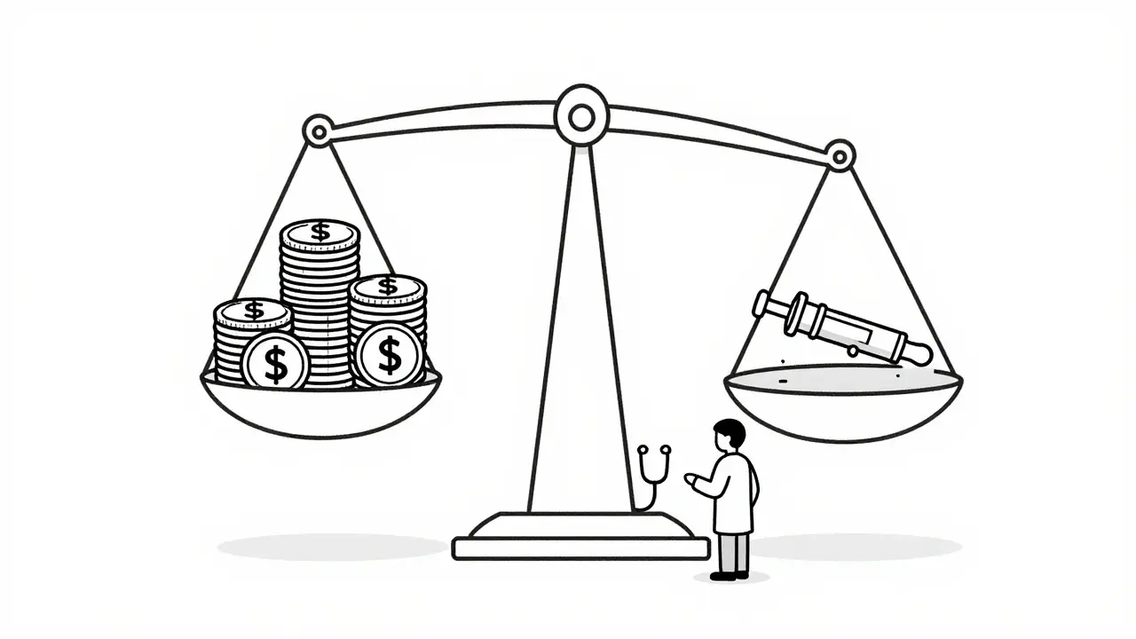 Line art illustrating cost vs benefit in insulin choice
