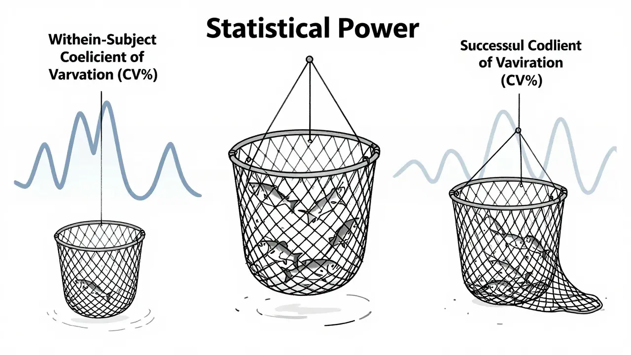 Line art illustration of statistical power nets catching fish representing trial success