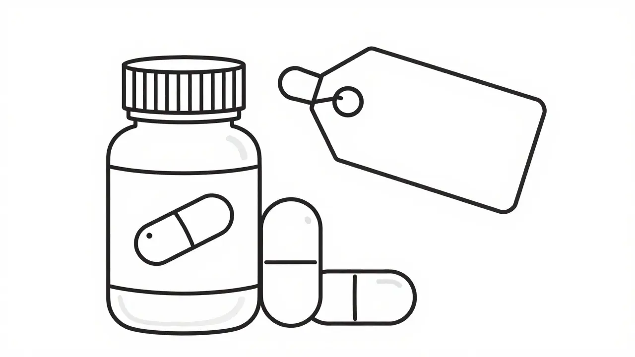 Line art of Etodolac pill bottles and price tag symbolizing savings