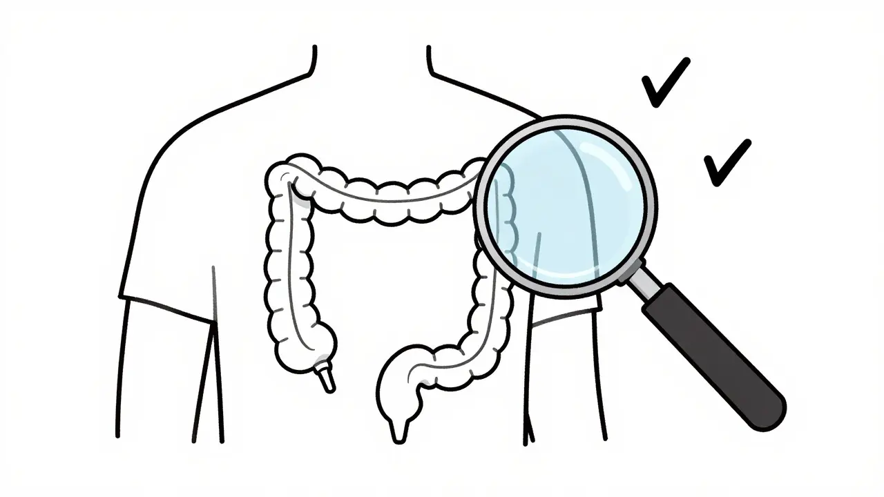 Line drawing of clean colon being examined by magnifying glass