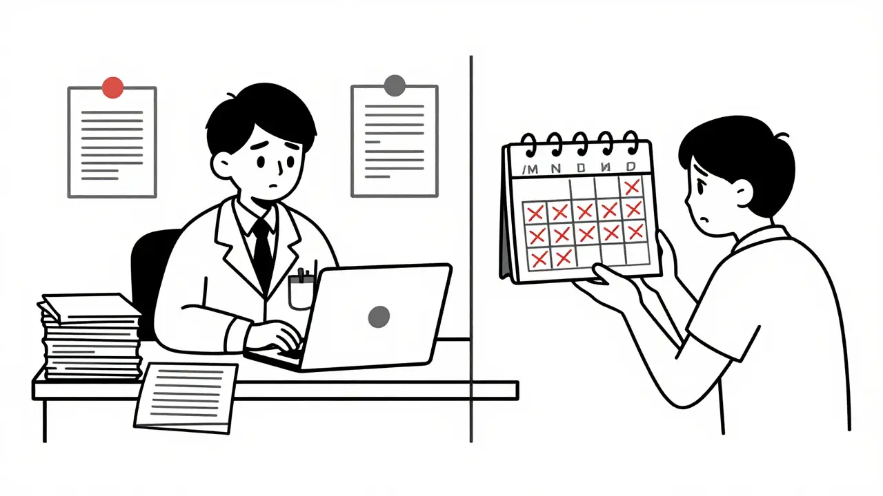 Line drawing of doctor with paperwork and worried patient
