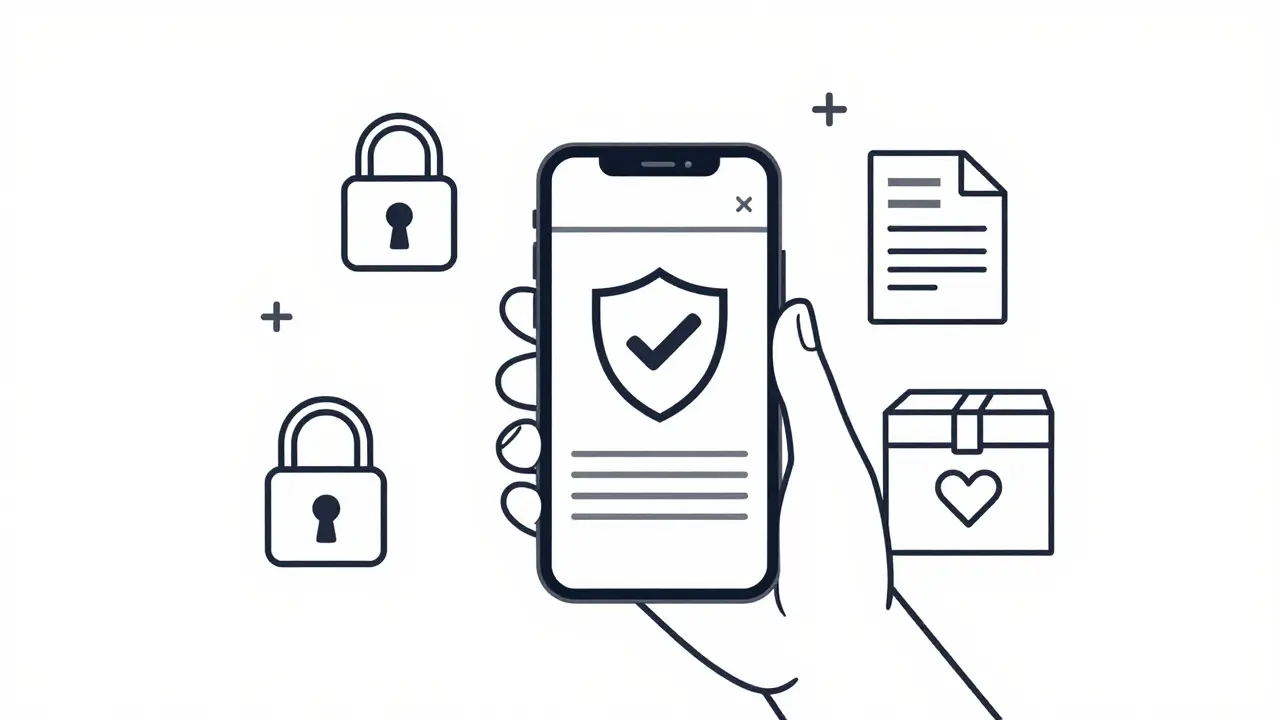 Line drawing of secure online pharmacy ordering with safety icons