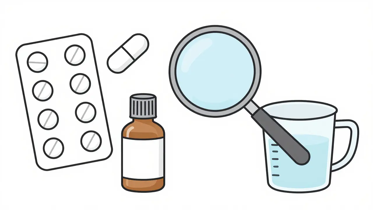 Line drawing of various pill forms under a magnifying glass
