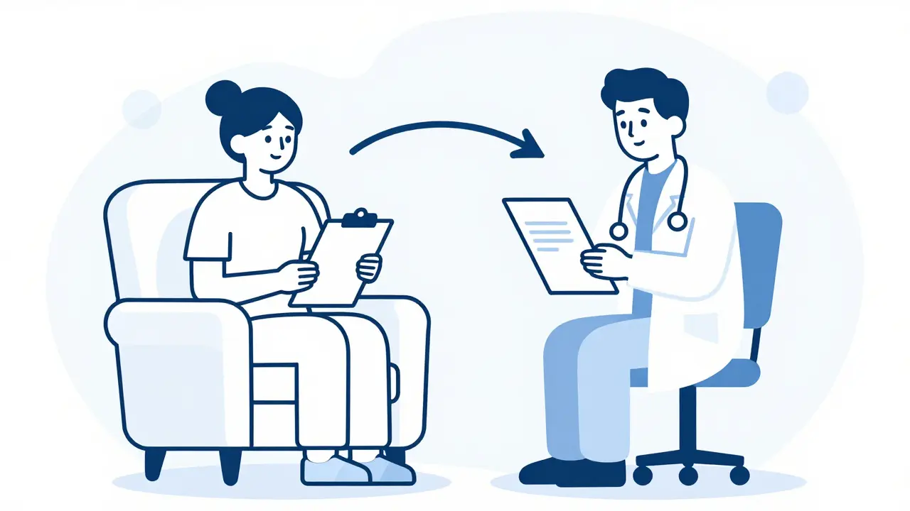 Minimalist line drawing of a patient consulting a doctor via telehealth