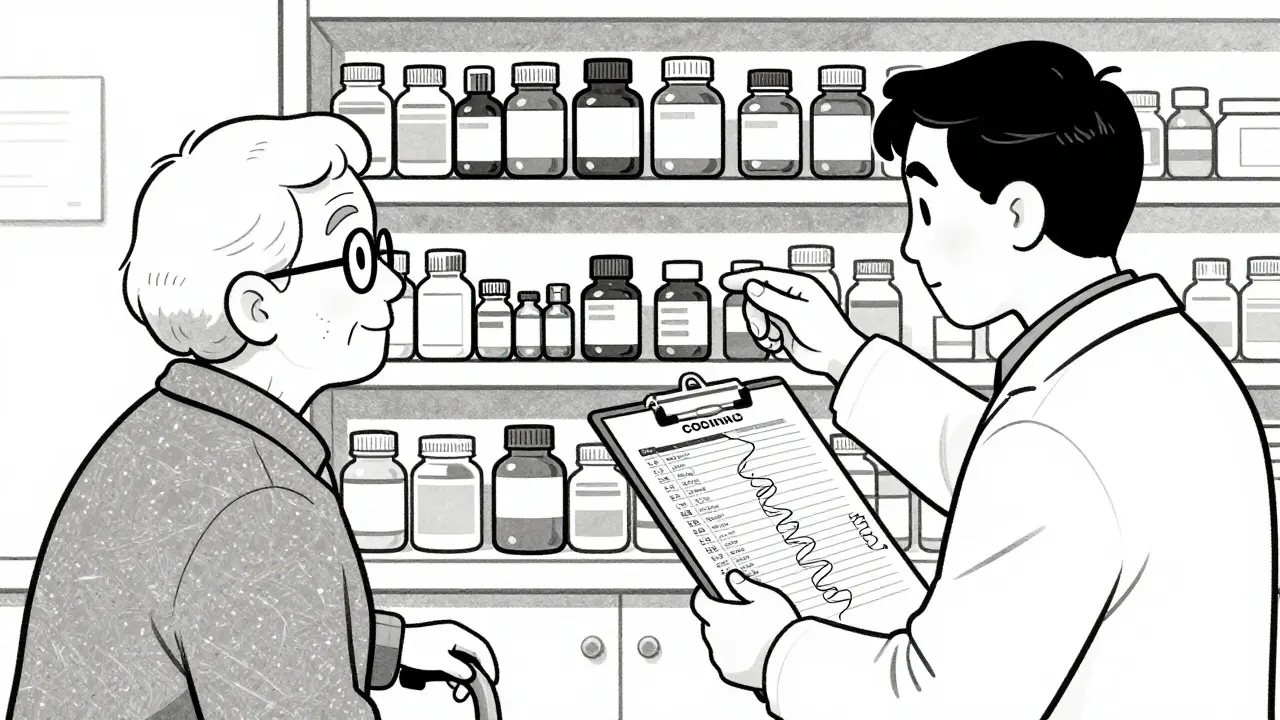 Pharmacist reviewing medication list with elderly patient in line art style