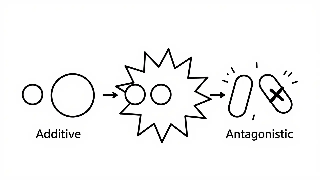 Schematic line drawing showing additive, synergistic, and antagonistic effects