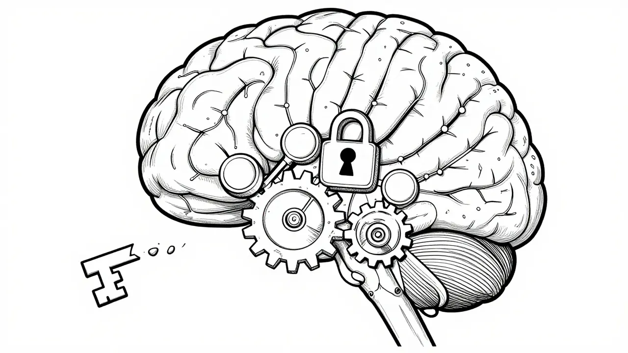 Schematic line drawing showing naloxone displacing opioids in brain receptors