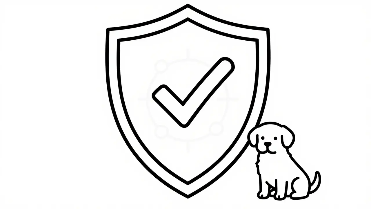 Shield icon and dog outline representing safe medication purchase