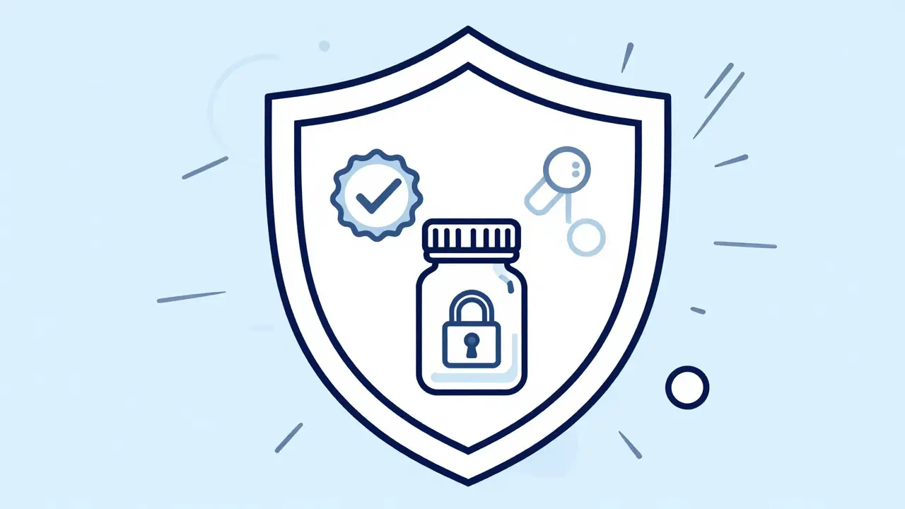 Shield protecting medication bottle symbolizing safe online care