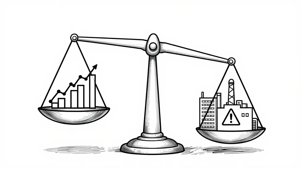 Black and white line art of a balance scale showing biosimilar growth and supply risks