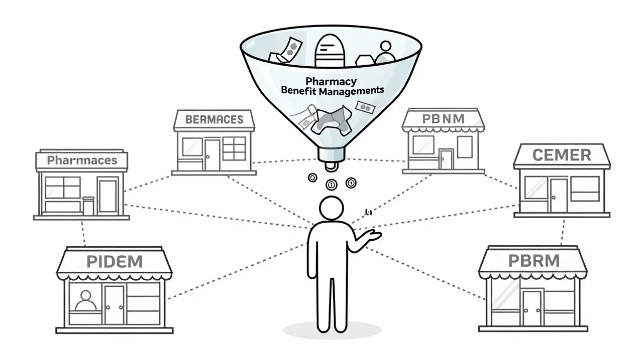 Conceptual diagram of discount networks connecting pharmacies to consumers