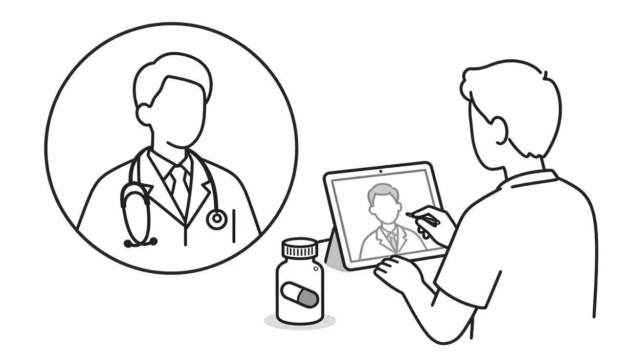 Doctor and patient connected via video call with pill bottle nearby