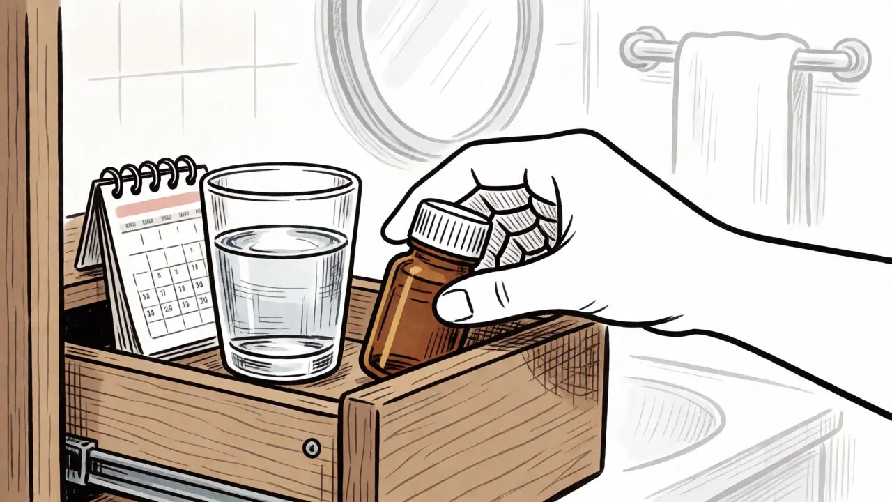 Hand storing a medicine bottle in a cabinet alongside a glass of water