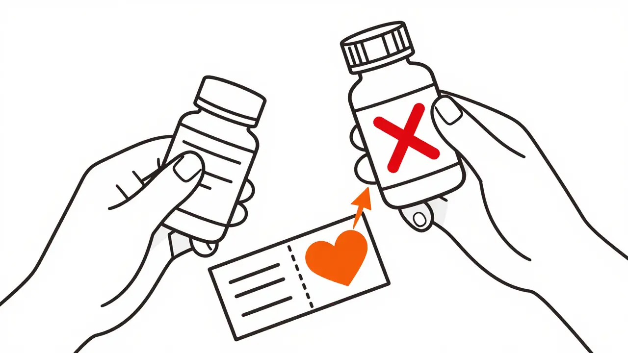 Hands comparing medicine prices with a coupon turning into a heart.