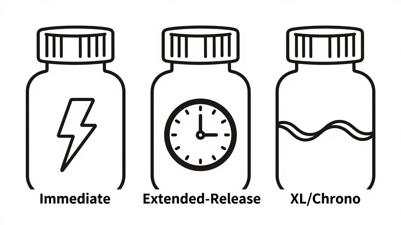 Illustration comparing immediate, extended, and XL pill formulations