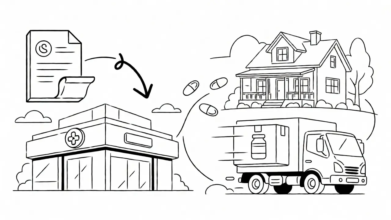 Illustration showing digital prescriptions being sent to pharmacies and delivered to homes