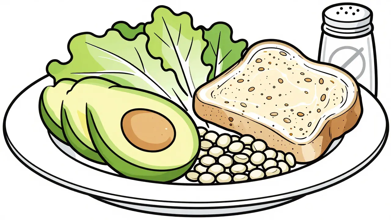 Line art drawing of a plate with healthy foods like avocado and greens, emphasizing low salt