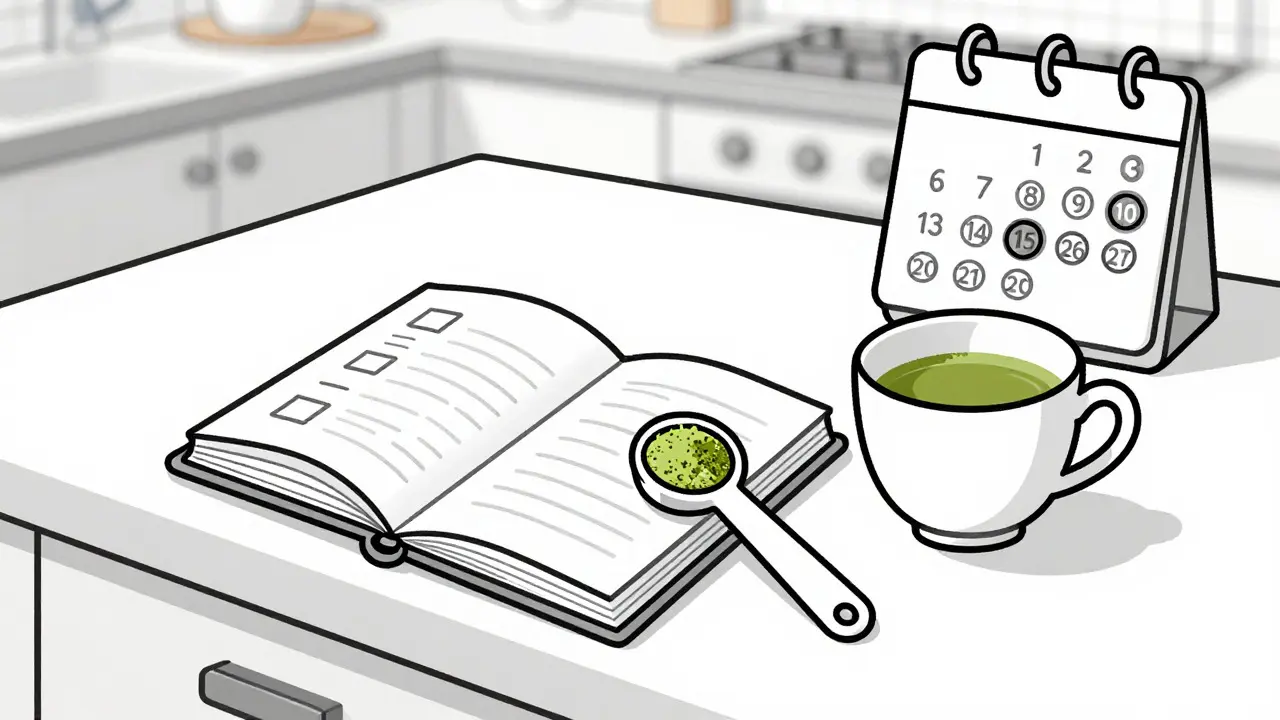 Line art of a food diary, matcha powder, and teacup on a counter