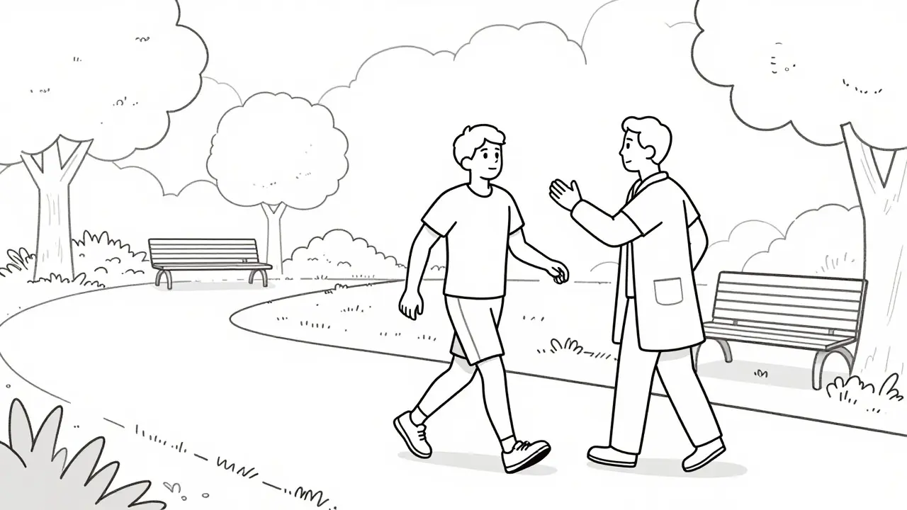 Line art showing a patient walking outdoors with a healthcare guide during rehab