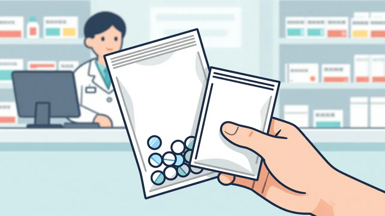 Line drawing of a patient holding generic and brand name prescription bags at a pharmacy