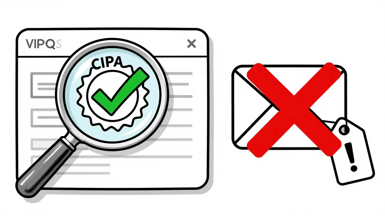 Line drawing showing verified pharmacy seals versus scam red flags