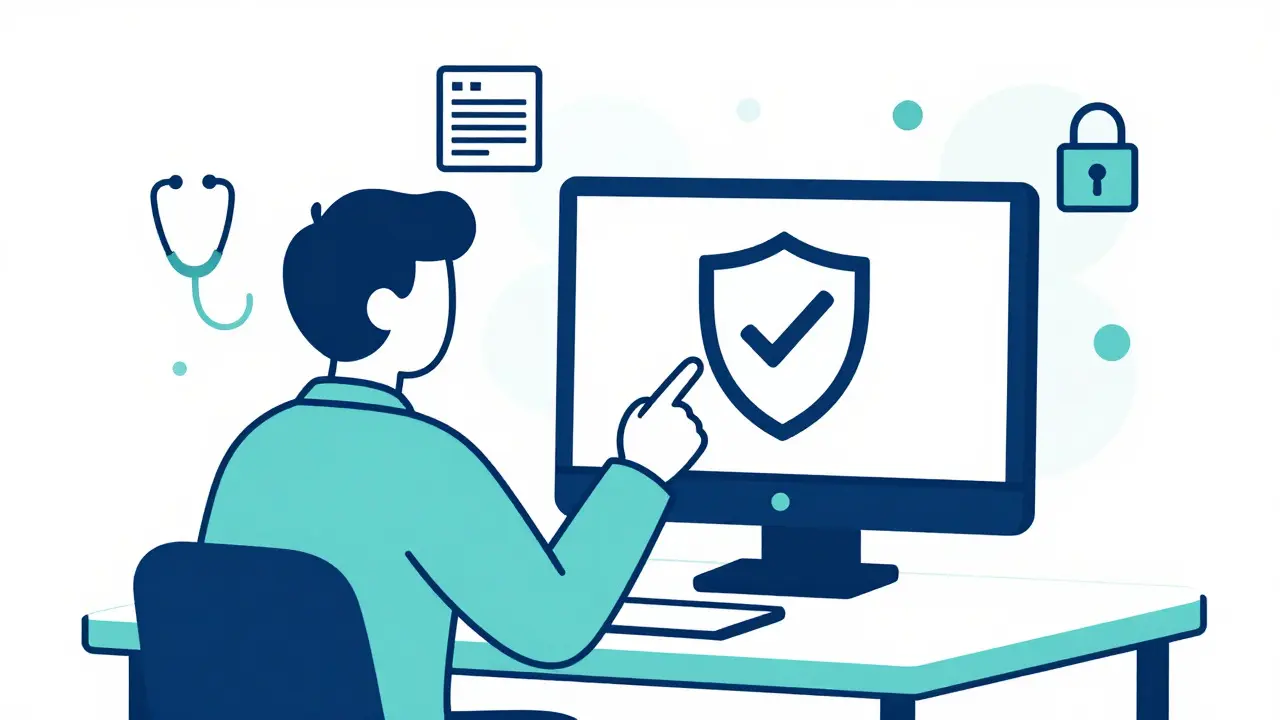 Person verifying safe online pharmacy with shield and medical icons.