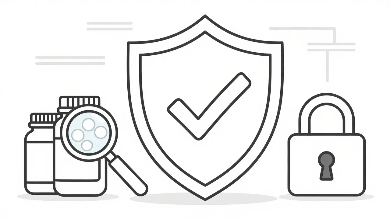 Shield with checkmark and security symbols in line art illustration