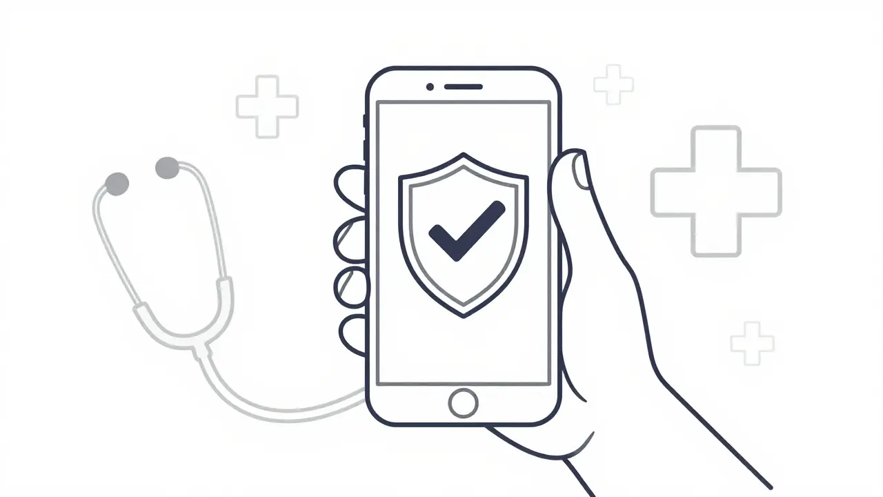 Smartphone showing safety shield icon for online pharmacy