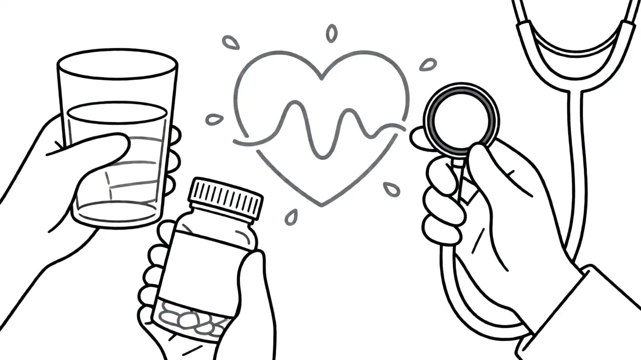 Illustration of hands managing medication and monitoring a stable heart rhythm.