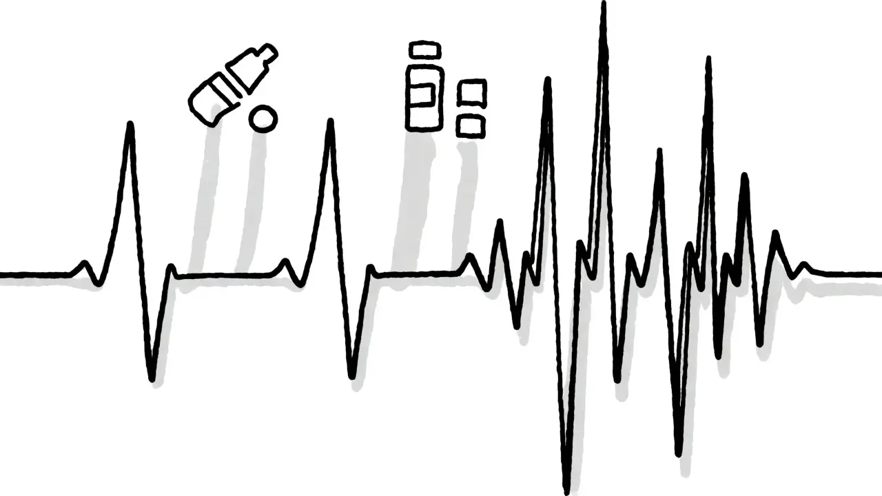 Sketch of an ECG waveform becoming chaotic beneath icons of medications.